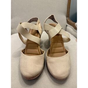 Me Too Cream Canvas Espadrille‎ Wedges Elastic Strap Comfort Summer Sandals 10
